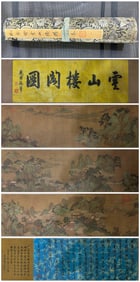 Chinese Landscape and Pavilion Painting, Ink and Color on Silk, Hand Scroll, Qiu Ying Mark