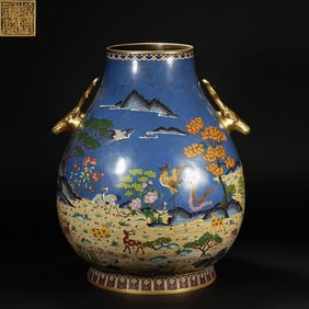 Bronze Cloisonne Carved Flower and Crane Pattern Double Deer Ears Zun
