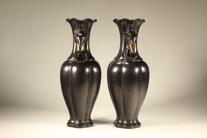 Pair of Red Sandalwood Carved Double Elephant Ears Vase