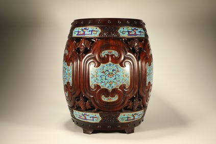 Rosewood Inlaid Bronze Cloisonne Carved Flower and Bat Pattern Stool