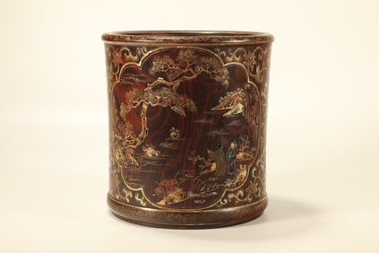Huanghuali Wood Gold Drawing Carved Landscape and Character Story Pattern Brush Pot