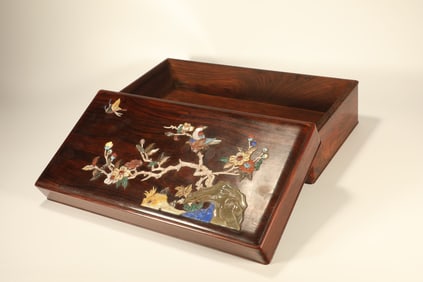 Huanghuali Wood Inlaid Gem Stone Carved Magpie with Plum Flower Pattern Lid Box