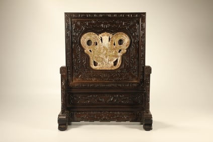 Red Sandalwood Inlaid Jade Carved Beast Face Pattern Table Plaque