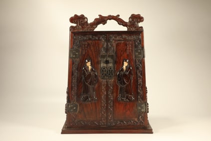 Huanghuali Wood Inlaid Red Sandalwood Carved Character Pattern Lid Box
