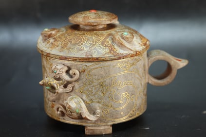 Jade Gold and Silver Inlaid Gem Stone Carved Dragon and Phoenix Pattern Lid Cup