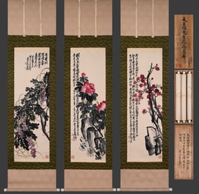 Group of Three Chinese Drawing Flower Painting,Wu Changshuo Mark