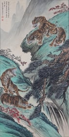 Chinese Tiger Painting, Ink and Color on Paper, Hanging Scroll, Zhang Shanzi Mark
