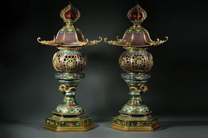 Pair of Bronze Cloisonne Carved Flower and Dragon Pattern Palace Lanterns