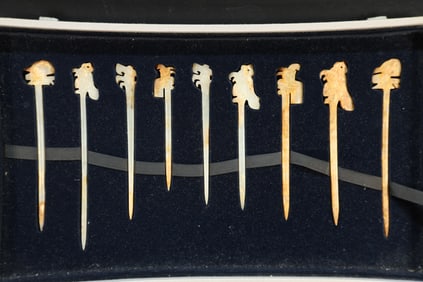 Group of Nine Jade Carved Phoenix Shape Hairpin