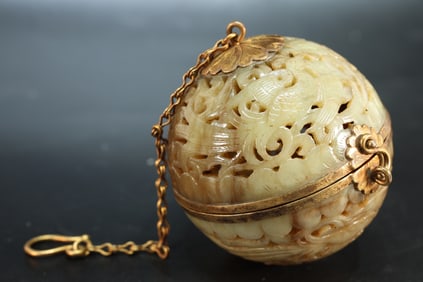 Jade Inlaid Solid Gold Carved Flower and Phoenix Pattern Incense Burner
