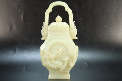 Jade Carved Dragon and Phoenix Pattern Handle Pot
