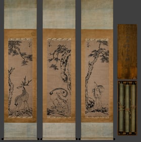 Group of Three Chinese Drawing Pine Tree and Deer Painting,Ba Dashanren Mark
