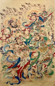 Chinese Four Guardians Painting, Ink and Color on Silk, Hanging Scroll, Ding Yunpeng Mark