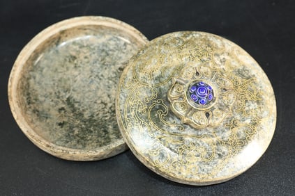 Jade Gold and Silver Inlaid Lapis Carved Dragon and Phoenix Pattern Lid Box