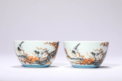 A Pair of Iron-Red 'Magpie-on-Plum' Cups