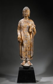 A Lacquered Stone Standing Figure of Shakyamuni