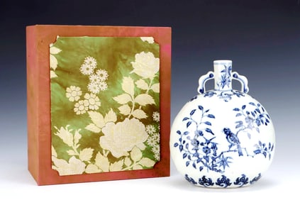 A Blue-And-White Floral And Bird Pattern Flat Bottle