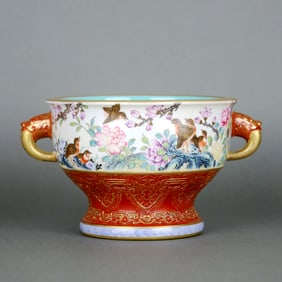 A Iron-Red Gilt Enamel Painted Bird And Poem Pattern Beast-Eared Censer Bowl