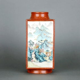 A Wood-Grain Glazed Famille Rose Landscape And Poem Pattern Cong-Form Vase