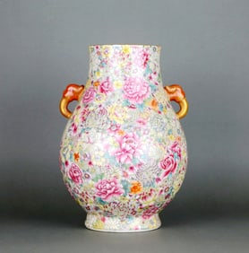 A Famille Rose 'Hundred Flowers' Elephant-Eared Zun