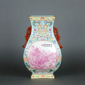 A Turquoise-Ground Famille Rose 'Pavilion' Wall Vase, Agate-Red