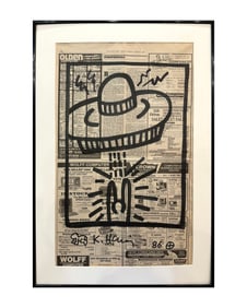 A MARKER GRAFFITI ON NEWSPAPER WITH THE MARK OF KEITH HARING