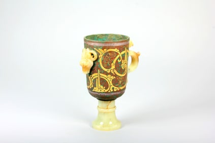 A BRONZE CUP WITH JADE PHOENIX AND GOLD-SILVER INLAY
