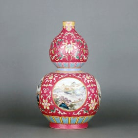 A Iron-Red Ground Famille Rose 'Landscape' Gourd Bottle, Falangcai