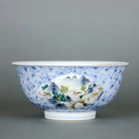 A Blue-And-White Four-Sided Famille Rose 'Landscape' Bowl