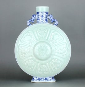 A Blue-And-White Interlocking Lotus Pea-Green Glazed 'Eight Treasures' Moonflask