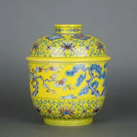 A Yellow-Glazed Doucai 'Flower, Pine, Bamboo, And Prunus' Covered Jar