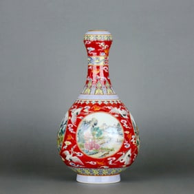 A Iron-Red Ground Famille Rose 'Landscape' Garlic-Head Bottle