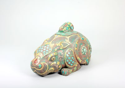 A BRONZE RABBIT PAPERWEIGHT WITH GEM "DRAGONFLY EYE" INLAY