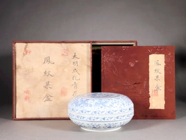 A BLUE-AND-WHITE FRUIT BOX WITH PHOENIX PATTERN