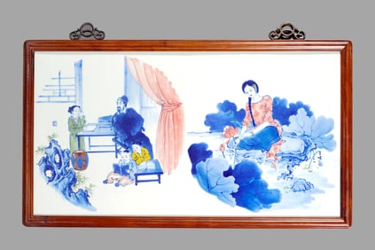 A WANG BU PORCELAIN PLAQUE WITH FIGURAL SCENES