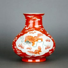 A Iron-Red Reserved 'Bat' 'Lion And Ball' Belly Vase, Red-And-Green