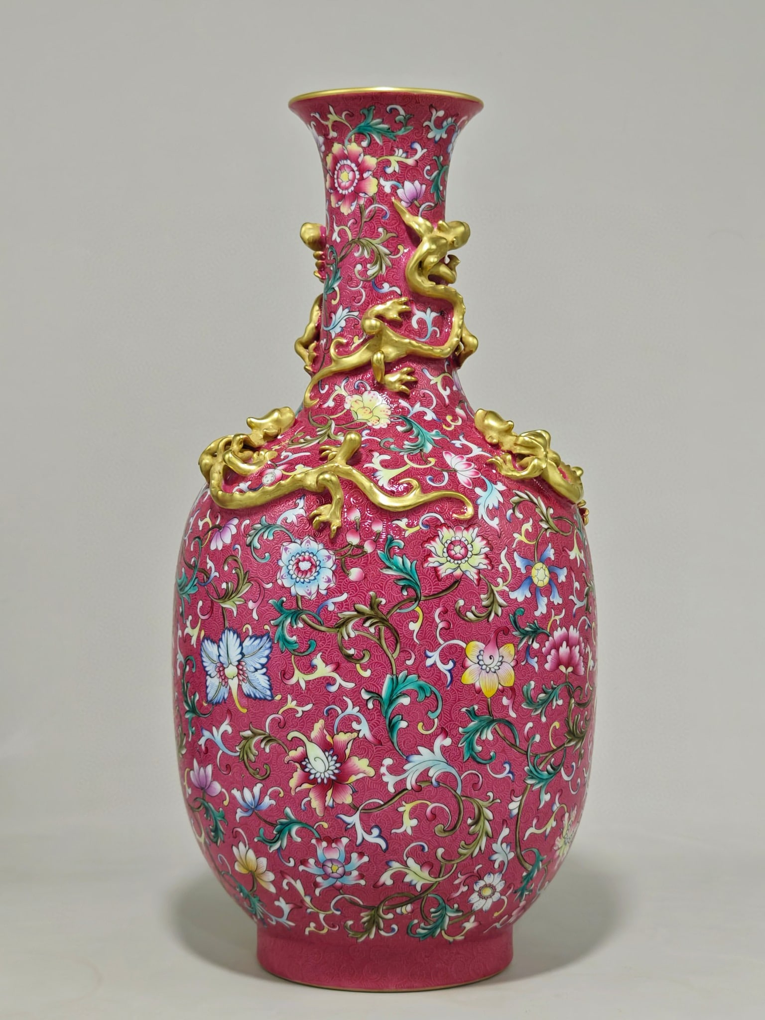 Enamel Drawing Flower Pattern Porcelain Dragon Ear Vase