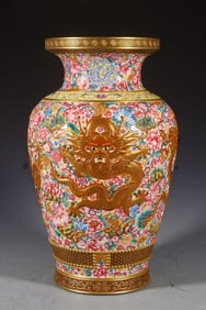 Famille Rose Carved Flower and Dragon Pattern Porcelain Zun