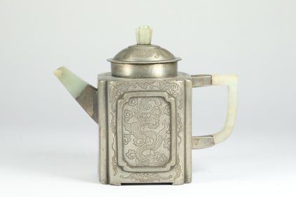 Pewter Inlaid Jade Carved Flower and Dragon Pattern Teapot