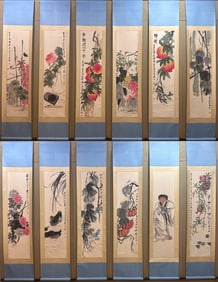 Group of Twelve Chinese Drawing Flower and Peach Painting,Qi Baishi Mark