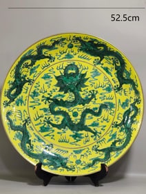 Yellow Base Famille Rose Dragon Pattern Porcelain Plate