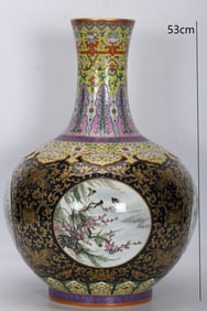 Bright Blue Glazed Gold Drawing Flower and Bird Pattern Porcelain Tianqiu Vase