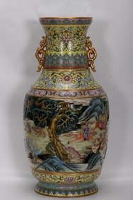 Famille Rose Character Story Pattern Porcelain Double Ears Vase
