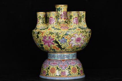 Yellow Base Enamel Drawing Flower Pattern Porcelain Flower Pot