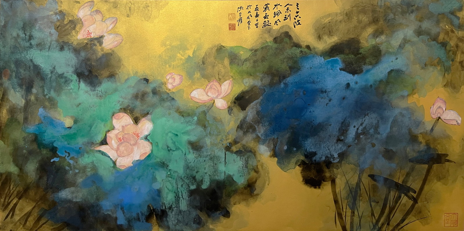 Zhang Daqian mark, Chinese Lotus Pond painting, Ink and Color on Paper, Mounted: Zhang Daqian mark, Chinese Lotus Pond painting, Ink and Color on Paper, Mounted (137 x 67cm)