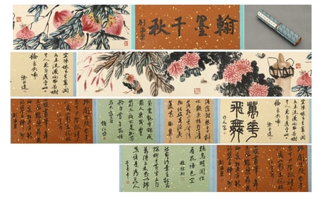 Qi Baishi mark, Chinese Longevity painting, Ink and Color on Paper, Hand Scroll