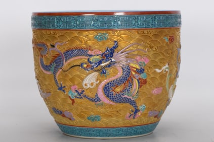 Enamel Drawing Carved Dragon and Sea Wave Pattern Porcelain Pot