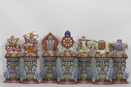 Group of Seven Enamel Drawing Buddha and Horse Shape Porcelain Figure