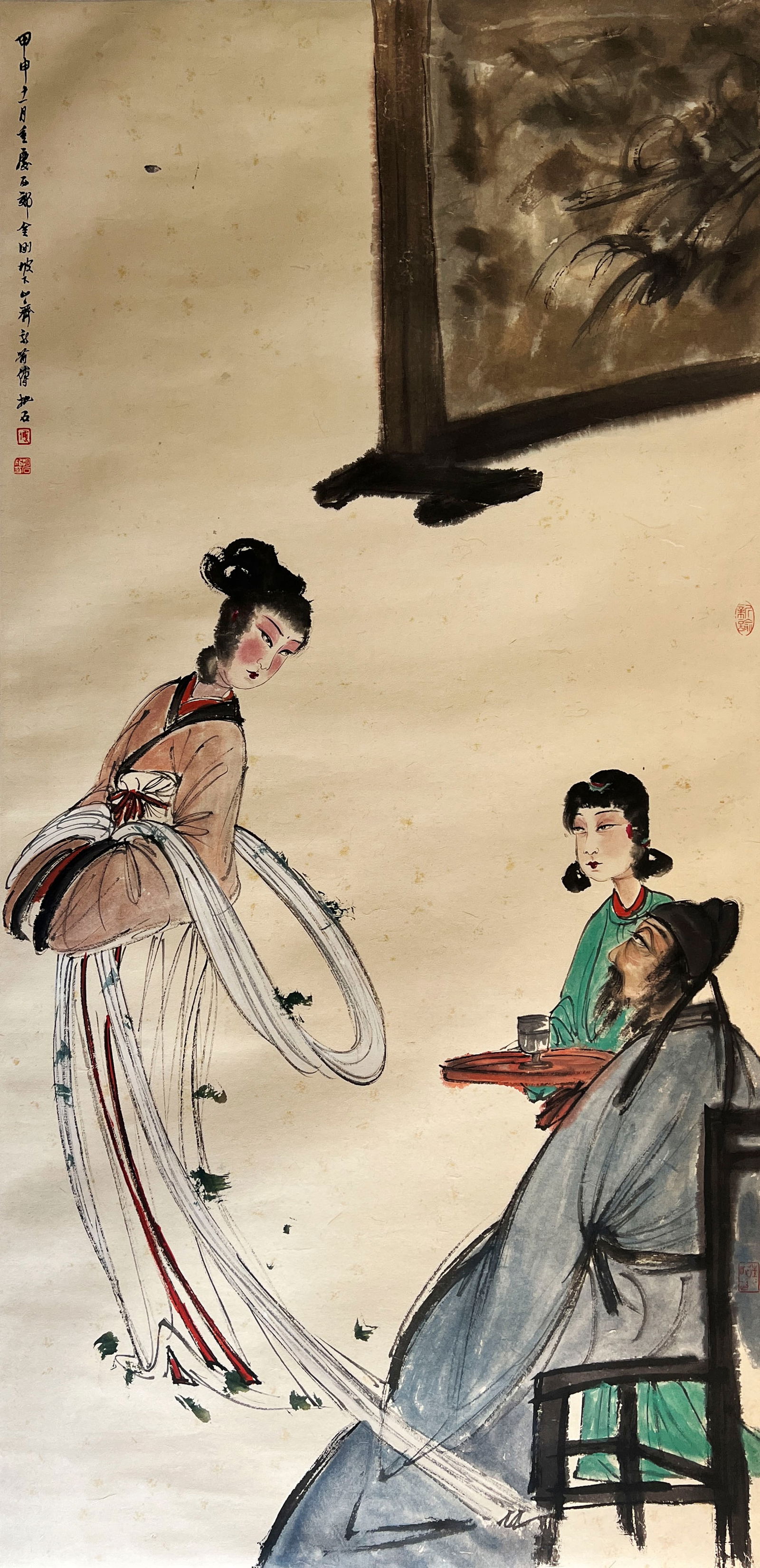 Fu Baoshi mark, Chinese Figure painting, Ink and Color on Paper, Mounted: Fu Baoshi mark, Chinese Figure painting, Ink and Color on Paper, Mounted (140 x 68cm)