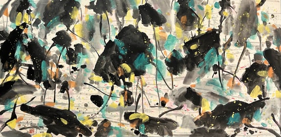 Wu Guanzhong mark, Chinese Lotus Pond painting, Ink and Color on Paper, Mounted